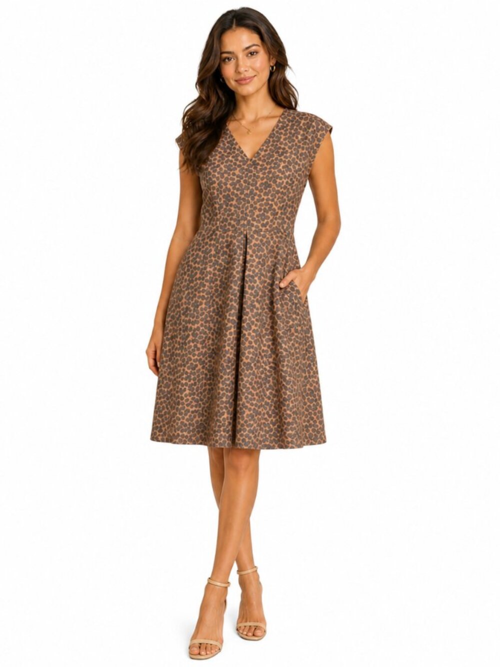 Chic Leopard Print Dress Womens L VNeck‎ Knee Length Fit Flare Party Work Brown
